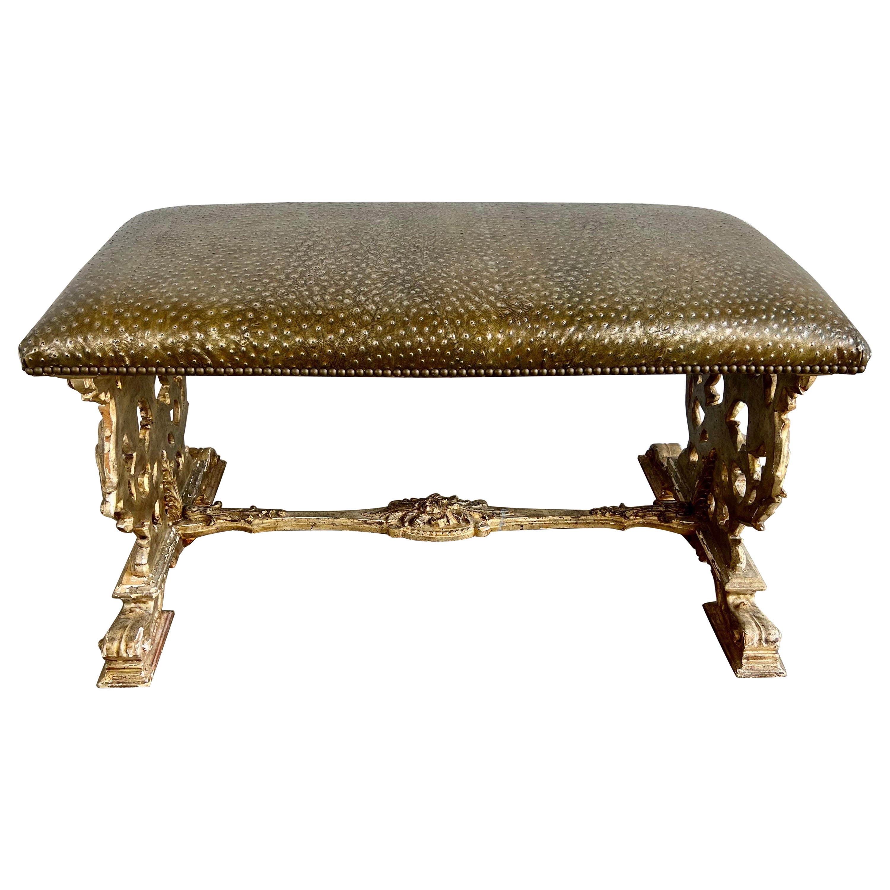 Italian Carved Giltwood Bench W/ Embossed Leather For Sale