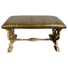 Italian Carved Giltwood Bench W/ Embossed Leather