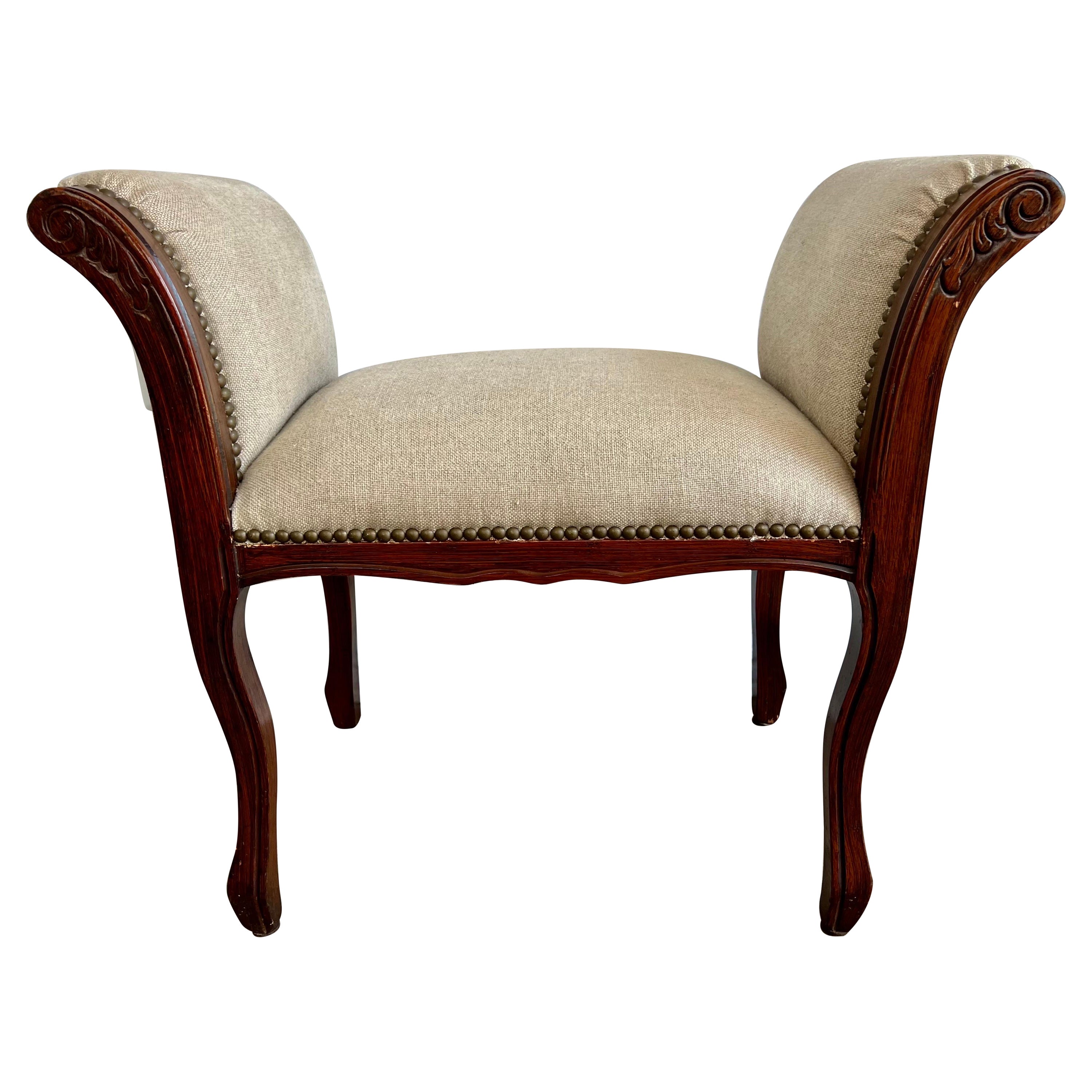 French Linen Upholstered Bench C. 1940's