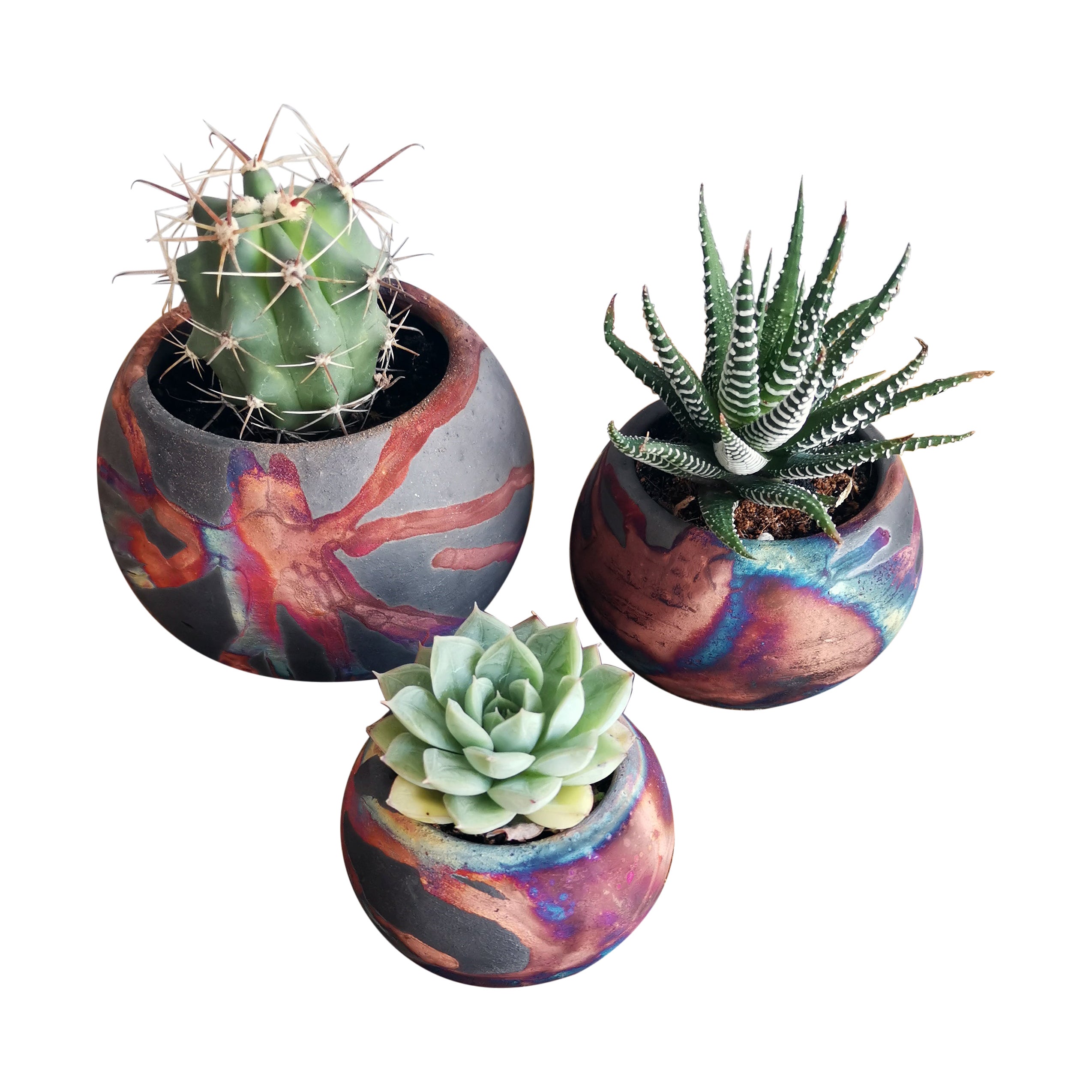 Tsuchi Raku Mini Planter Pot Set of 3 - Carbon Copper - Handmade Ceramic For Sale