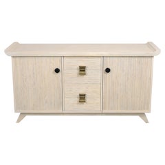 1960s White-Washed Oak Server with Carved Pagoda Design & Brass Hardware