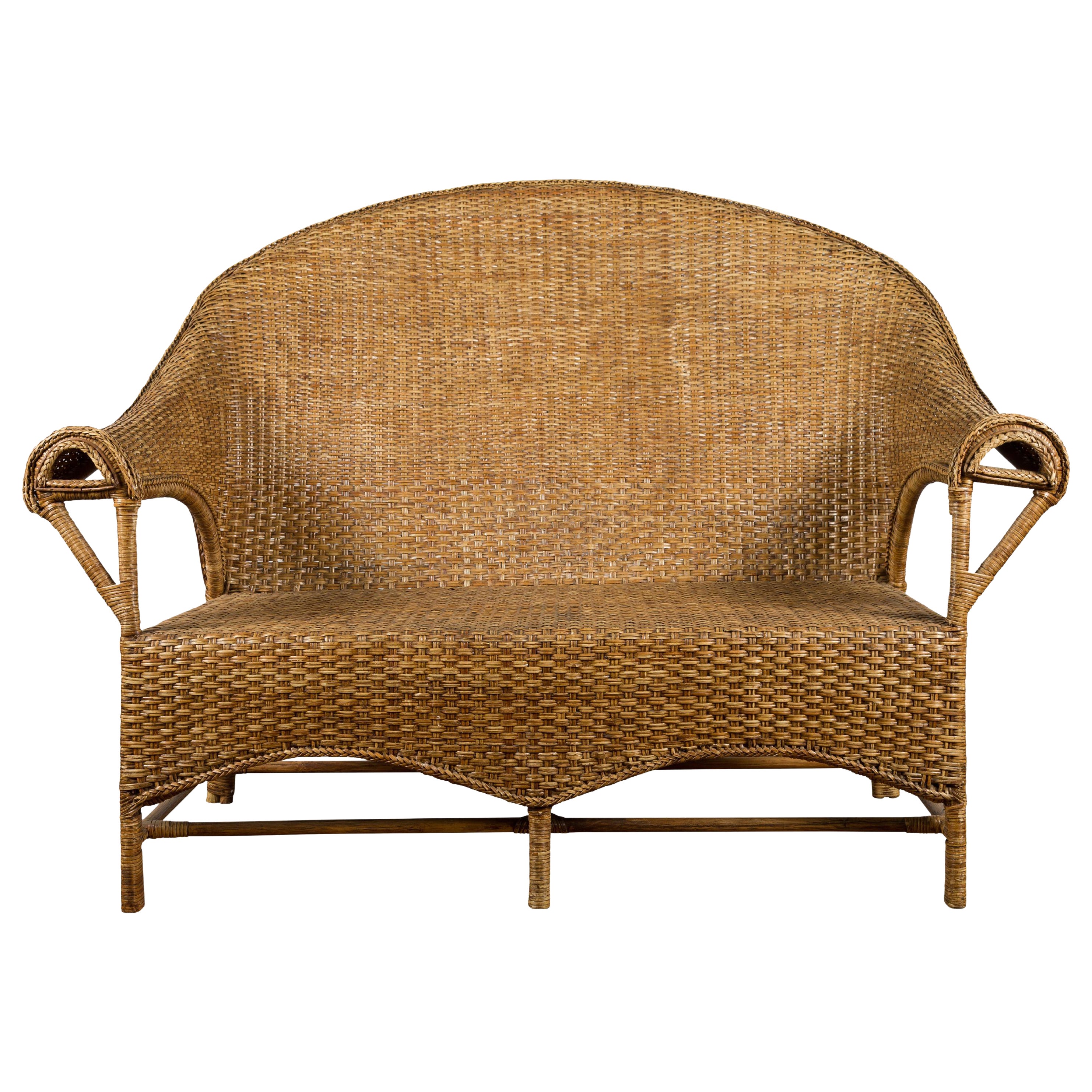 Lovanie vintage in rattan e Wood con schienale curvo e braccioli insoliti