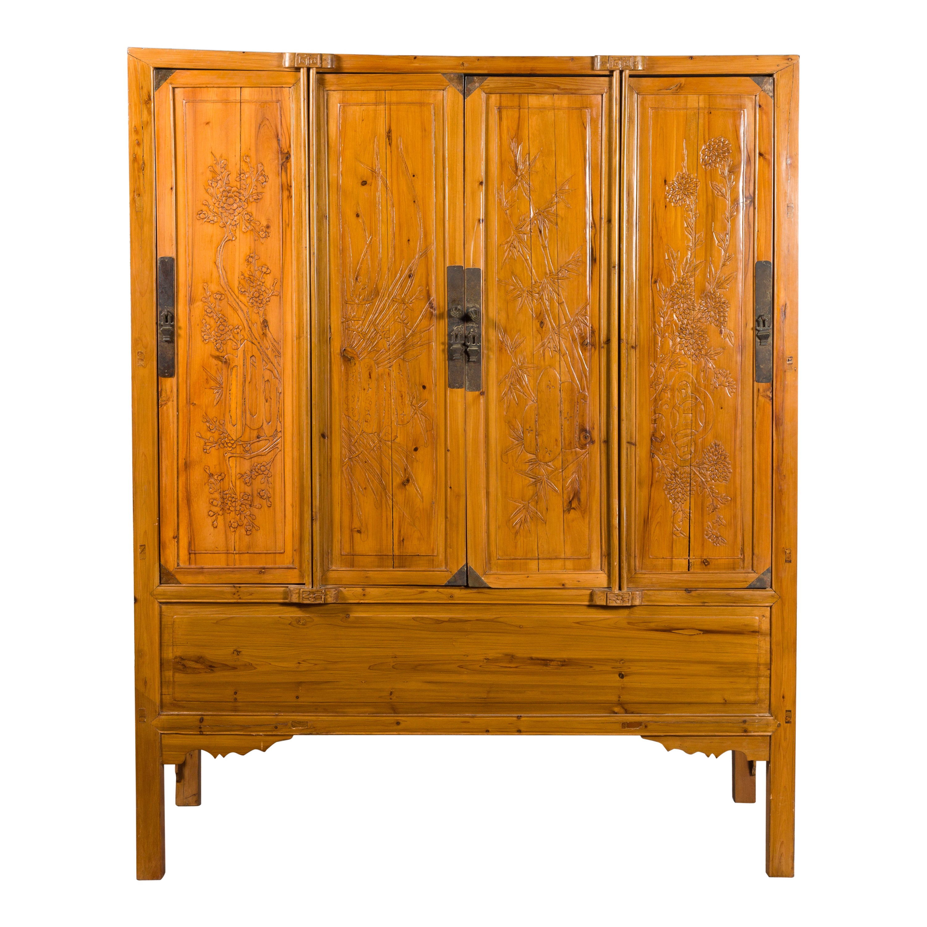 Large Chinese Elmwood Four-Door Armoire with Low-Relief Carved Foliage For Sale