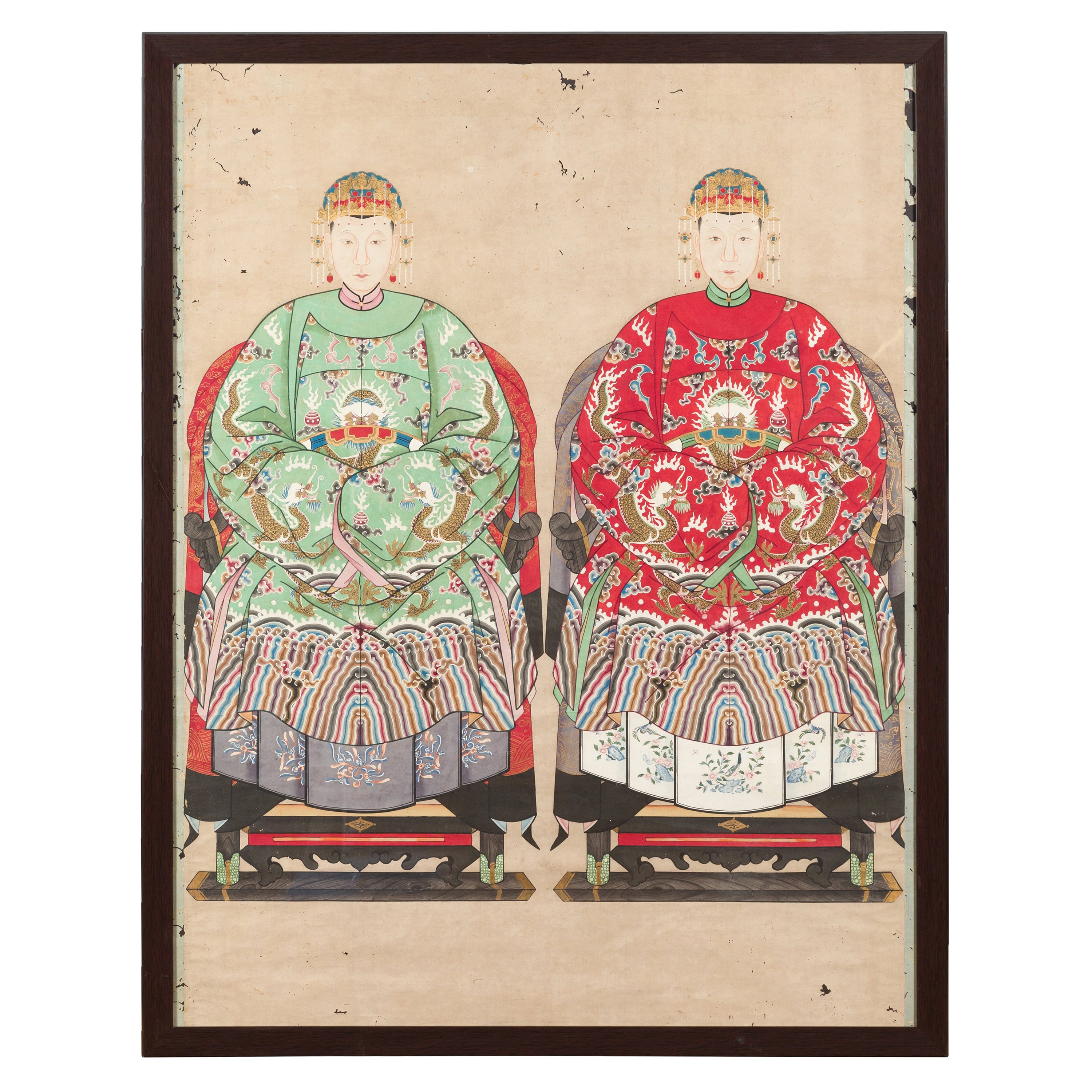 Qing Dynasty Chinese Painting of a Royalty Related Couple with Dragon Motifs For Sale