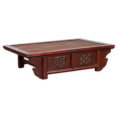 19th Century Qing Dynasty Dark Red Lacquer Coffee Table with Rattan Top