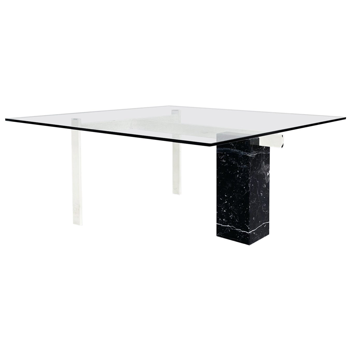 Italian Mid-Century Square Coffee Table Glass, Iron and Marquinia Marble, 1980s For Sale