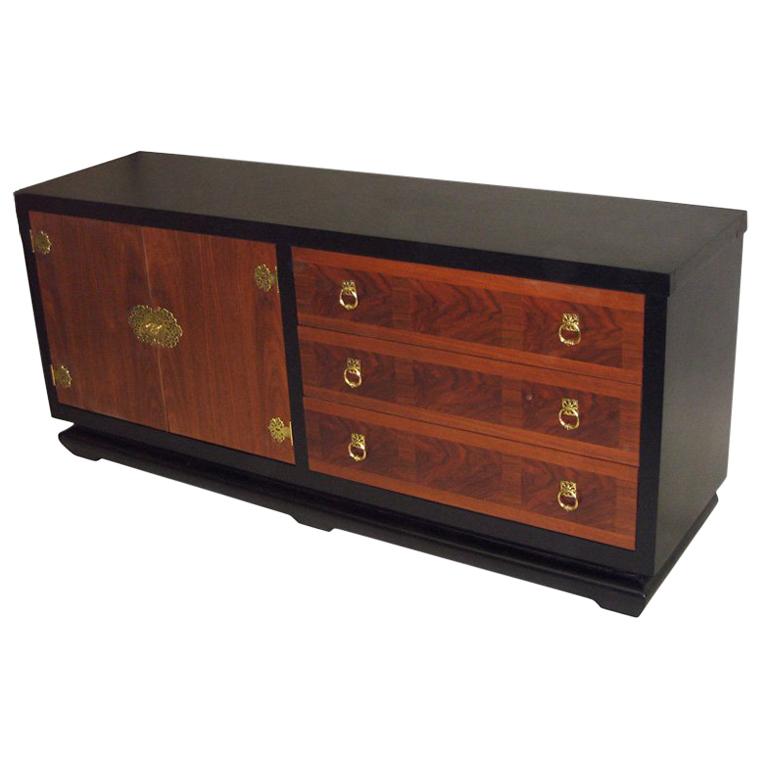 Large Italian Ebonized Wood and Brass Dresser, Chest of Drawers or
