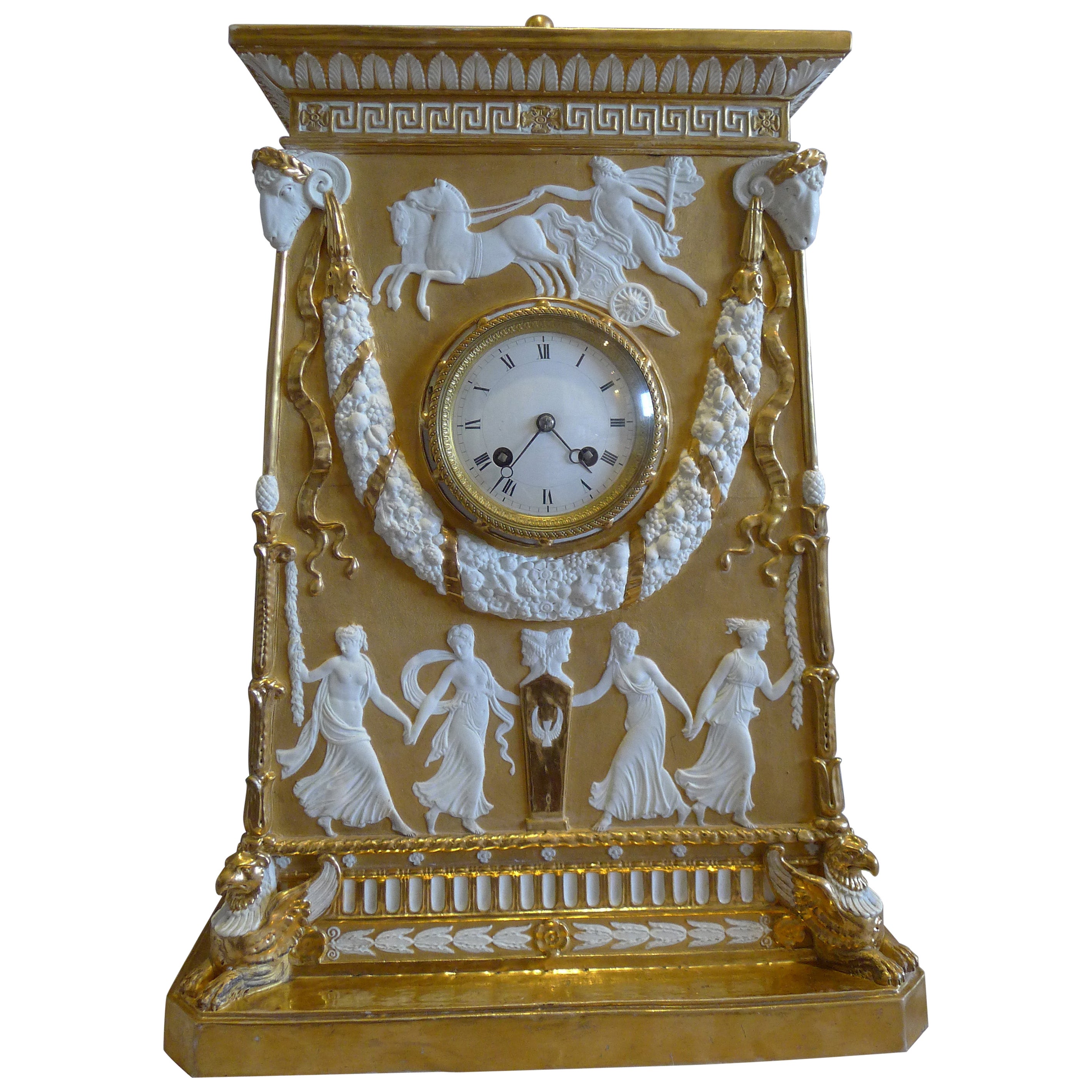 Neo-Classical Gilded and Natural Bisque Mantel Clock For Sale