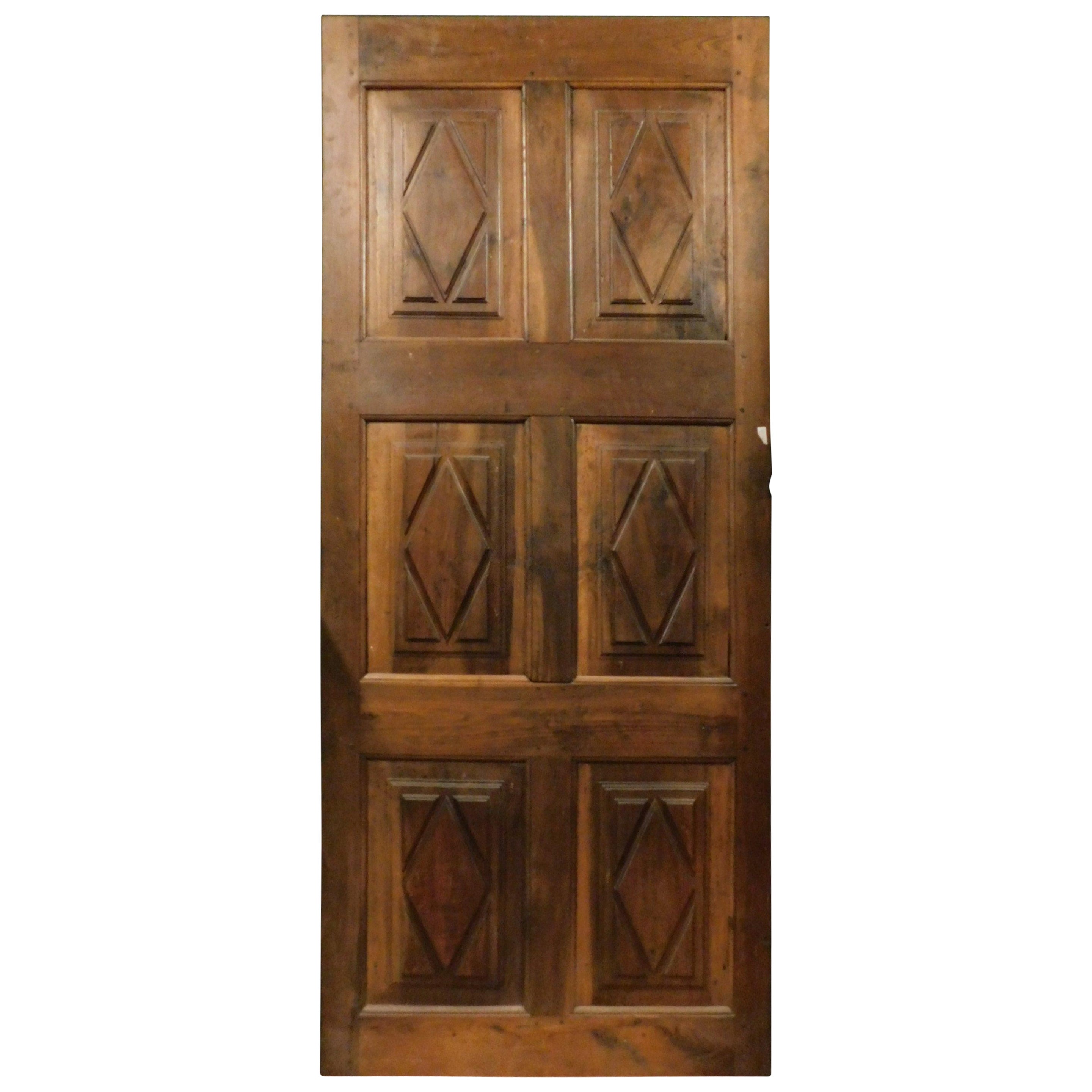 Antique Door in Solid Walnut, Carved with Lozenges, '700 Italy