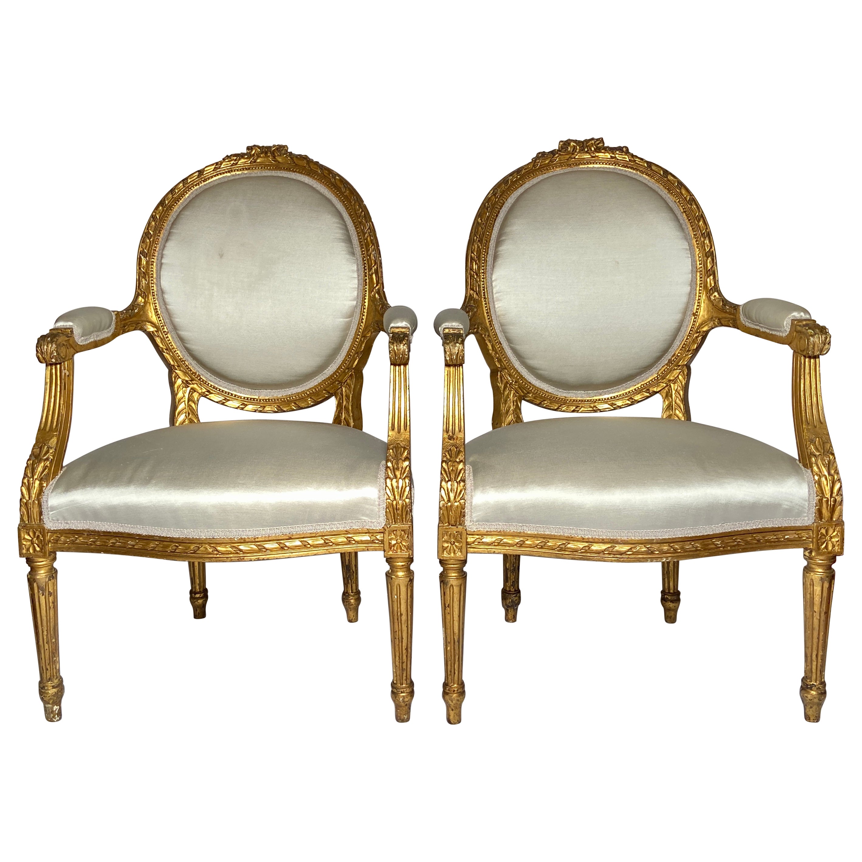 Pair Antique French Louis XVI Gold Leaf Armchairs, circa 1890 For Sale