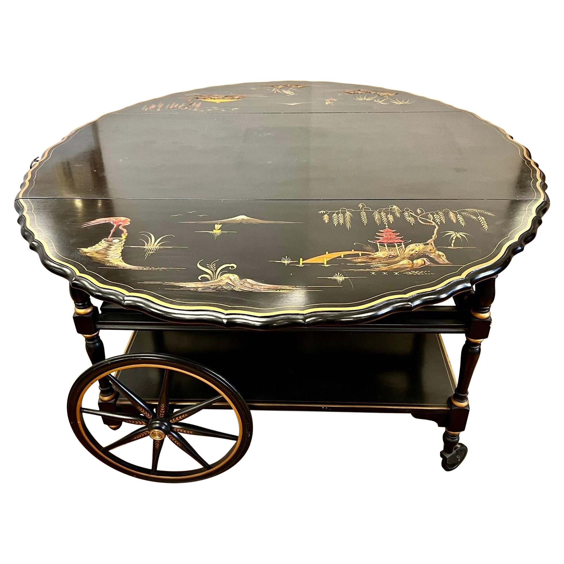 Chinoiserie Black Lacquered Hand Painted Rolling Tea Dry Bar Cart Barcart