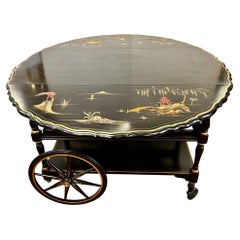 Antique Chinoiserie Black Lacquered Hand Painted Rolling Tea Dry Bar Cart Barcart