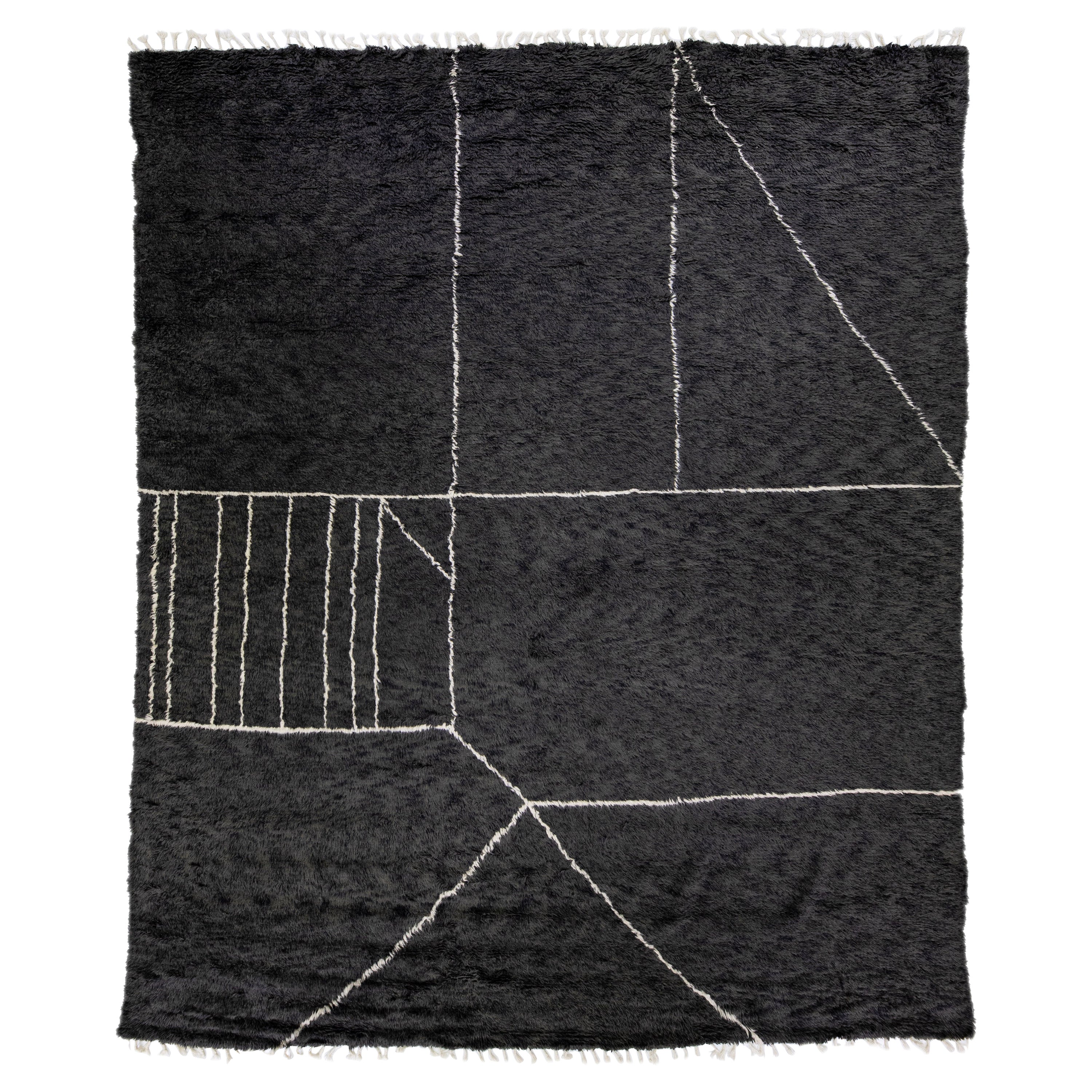 Modern Moroccan Style Handmade Black Abstract Wool Rug by Apadana For Sale