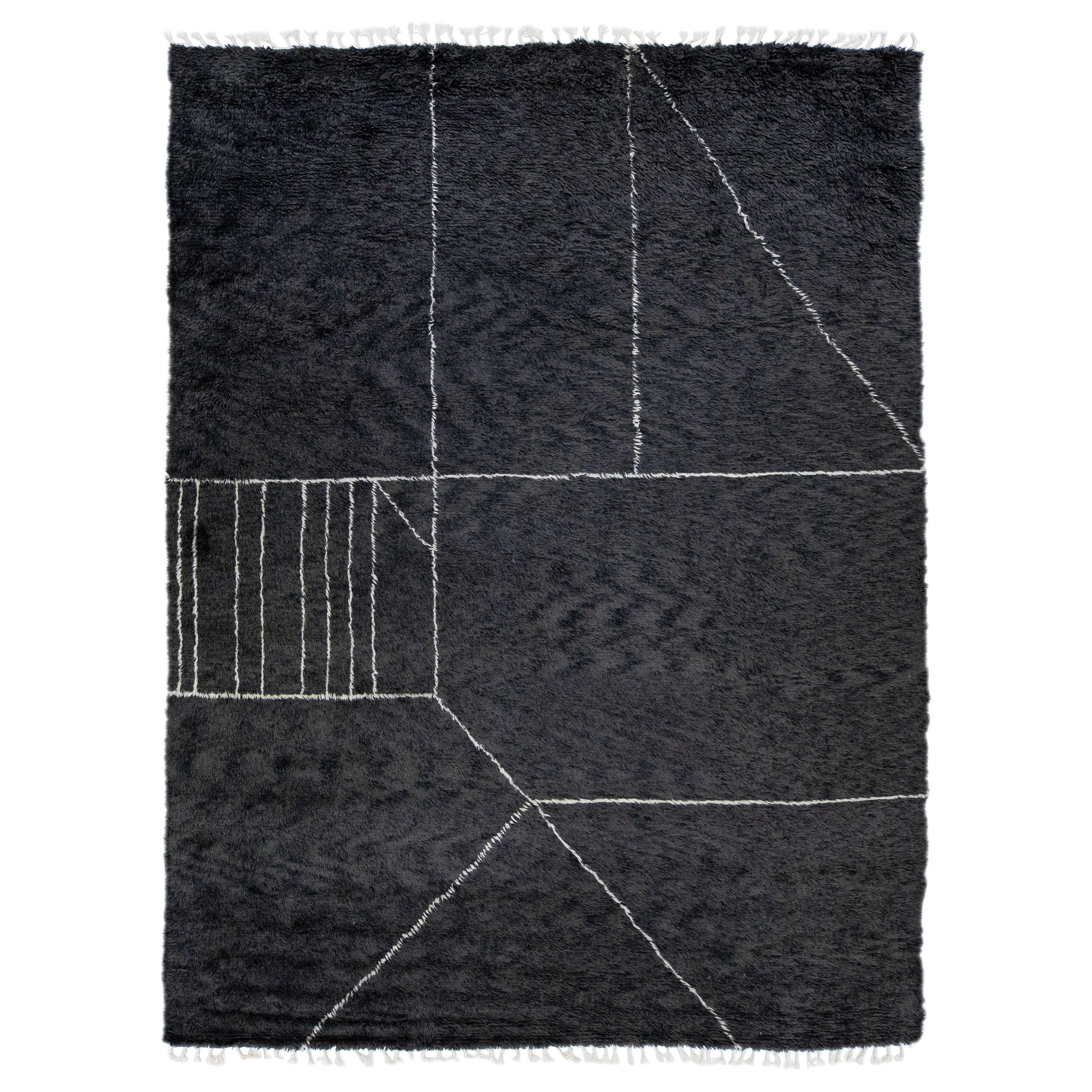 Black Modern Moroccan Style Handmade Abstract Pattern Wool Rug by Apadana 