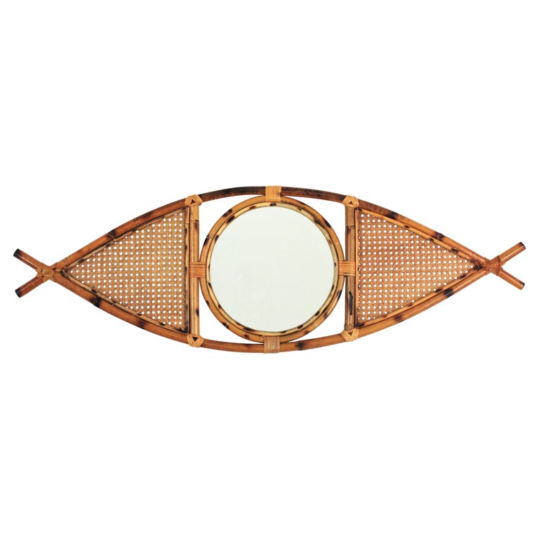Rattan Woven Wicker Eye Shaped Wall Mirror, 1960s For Sale at 1stDibs