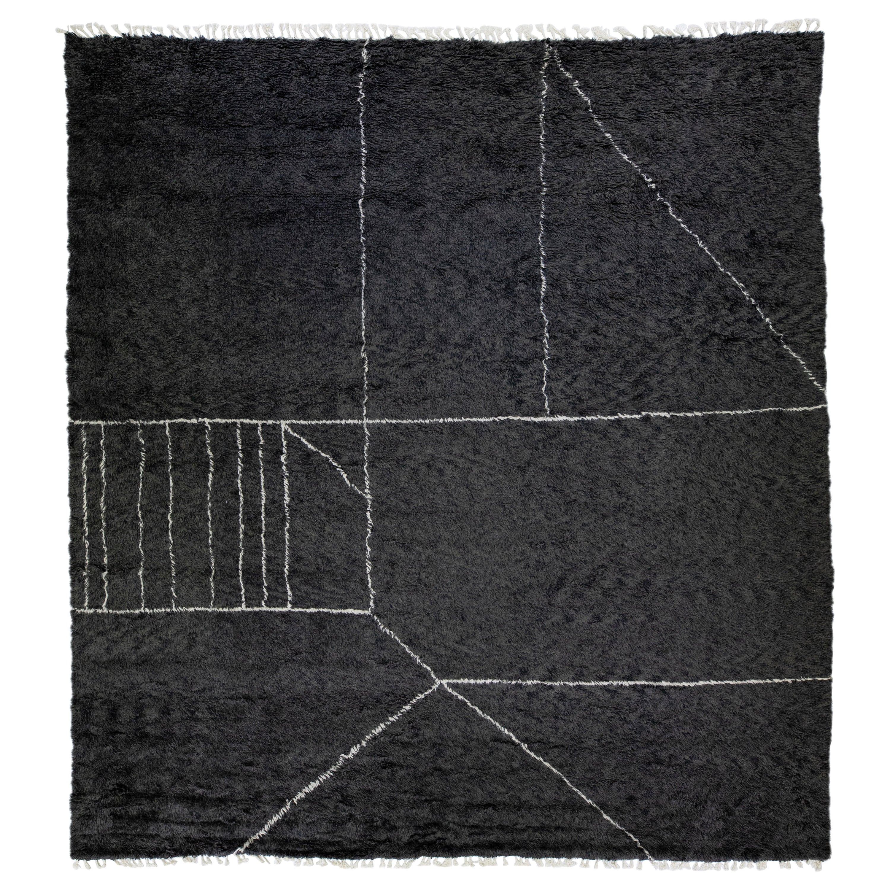 Modern Moroccan Style Black Handmade Geometric Square Wool Rug by Apadana For Sale