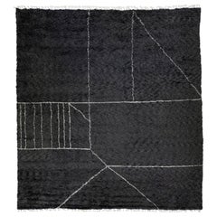 Modern Moroccan Style Black Handmade Geometric Square Wool Rug by Apadana
