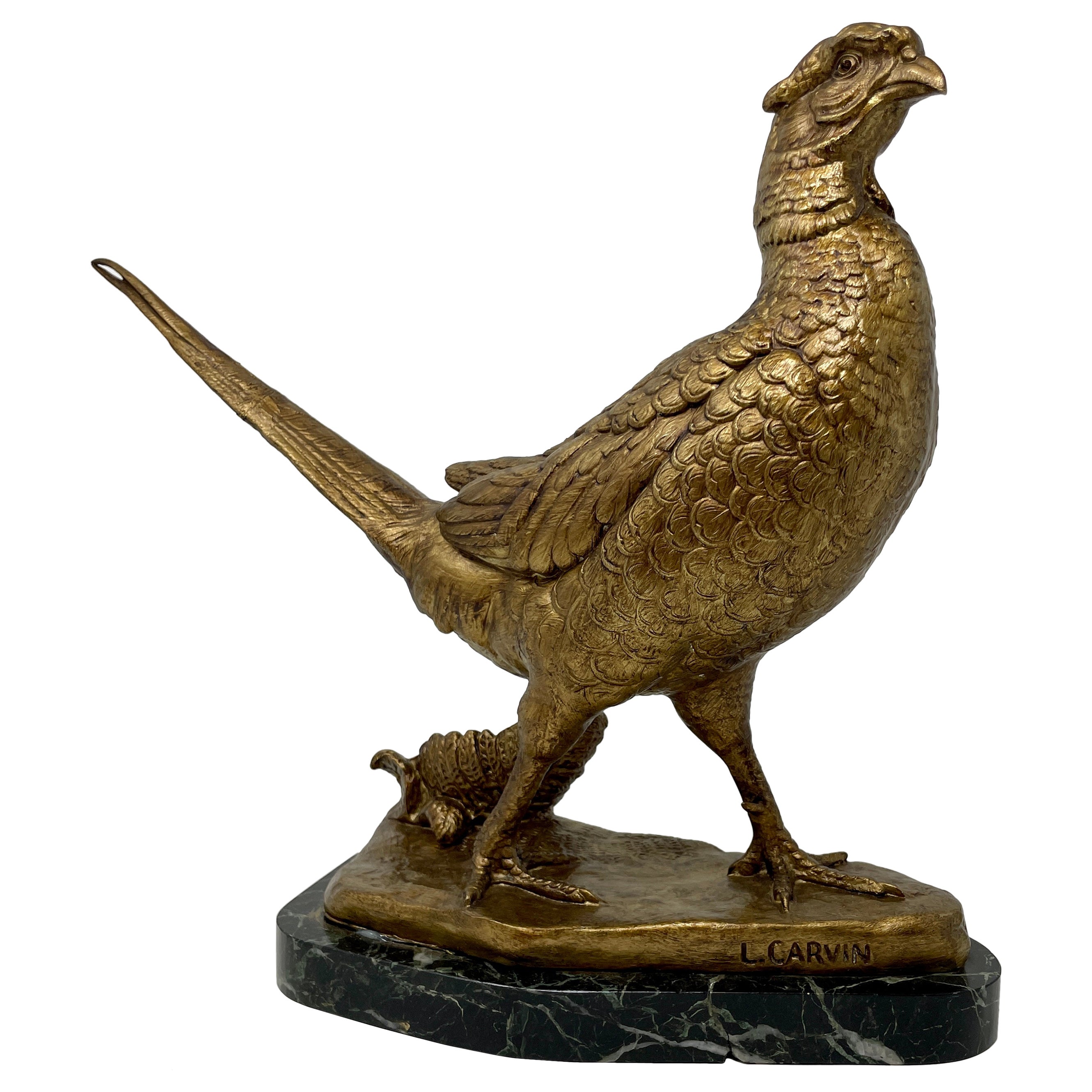 Antique French "L. Carvin" Gold Bronze Pheasant Sculpture on Marble, Circa 1890