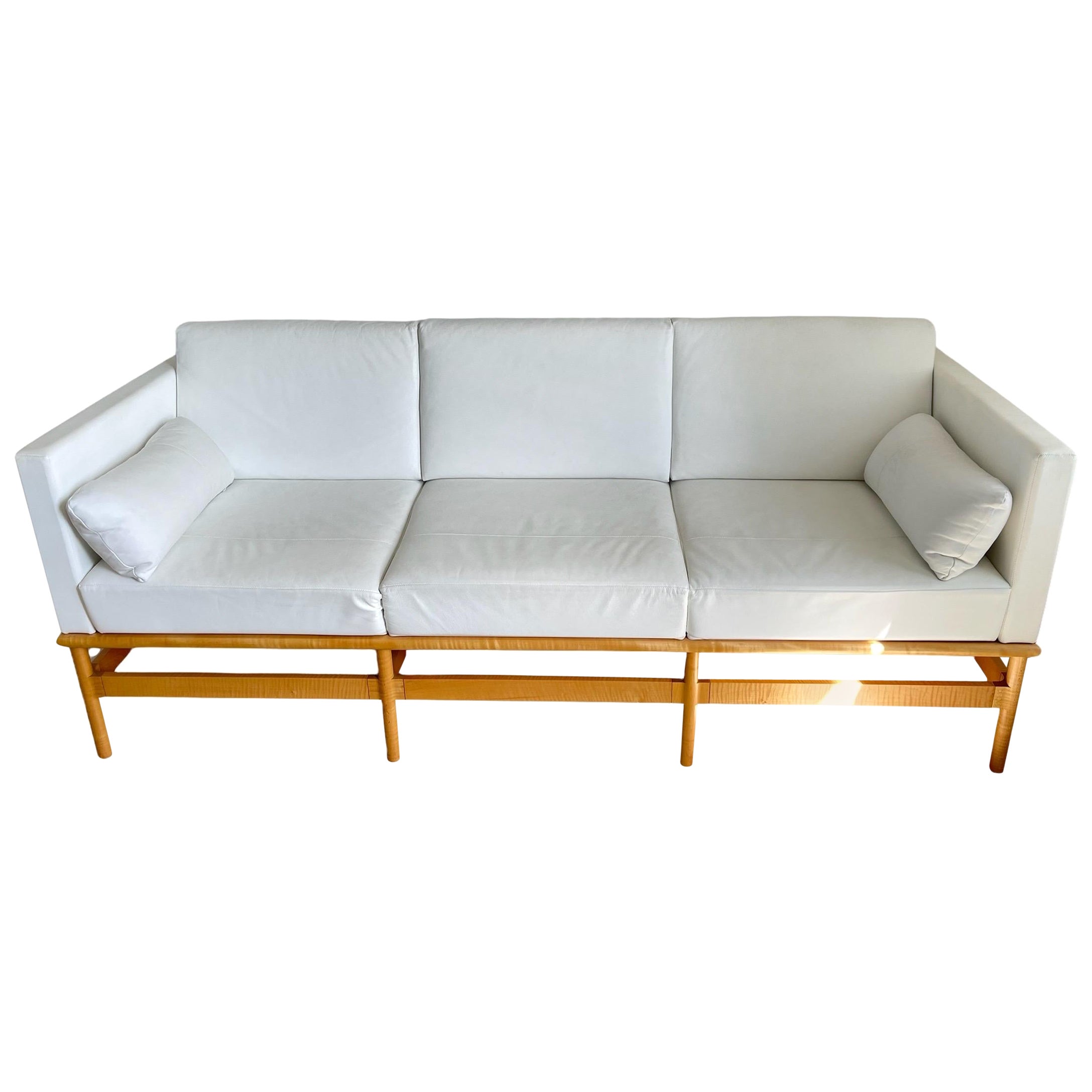 Thomas Thos, Moser "Hartford" Custom White Leather and Fig Maple Sofa, USA, 2016 For Sale