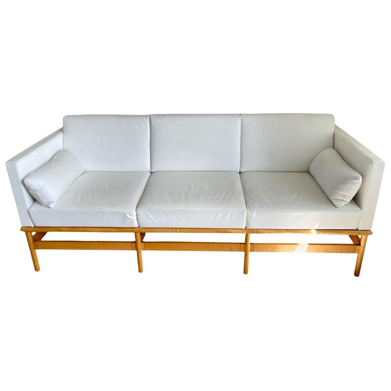 Thomas Thos, Moser "Hartford" Custom White Leather and Fig Maple Sofa, USA,  2016 For Sale at 1stDibs