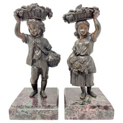 Pair Antique French Miniature Boy and Girl Bronzes on Marble Bases