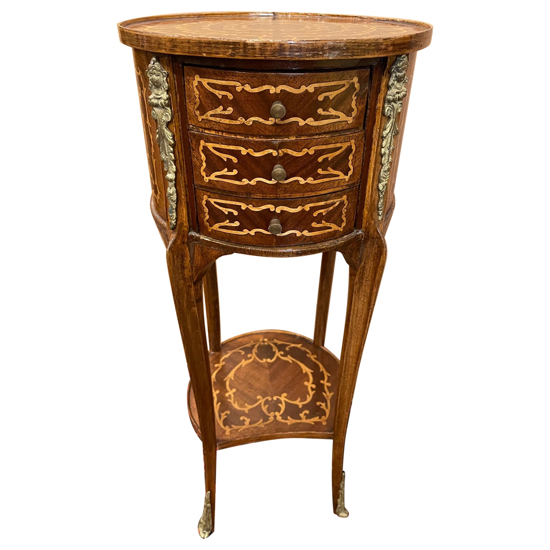 French Marquetry Side Table with Drawers and Brass Escutcheons, 20th Century