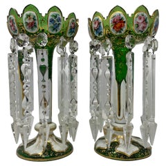 Pair Antique Bohemian Green Crystal with Gold & Enamel Candle Lusters circa 1875