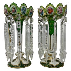 Pair Antique Bohemian Green Crystal with Gold & Enamel Candle Lusters Circa 1875