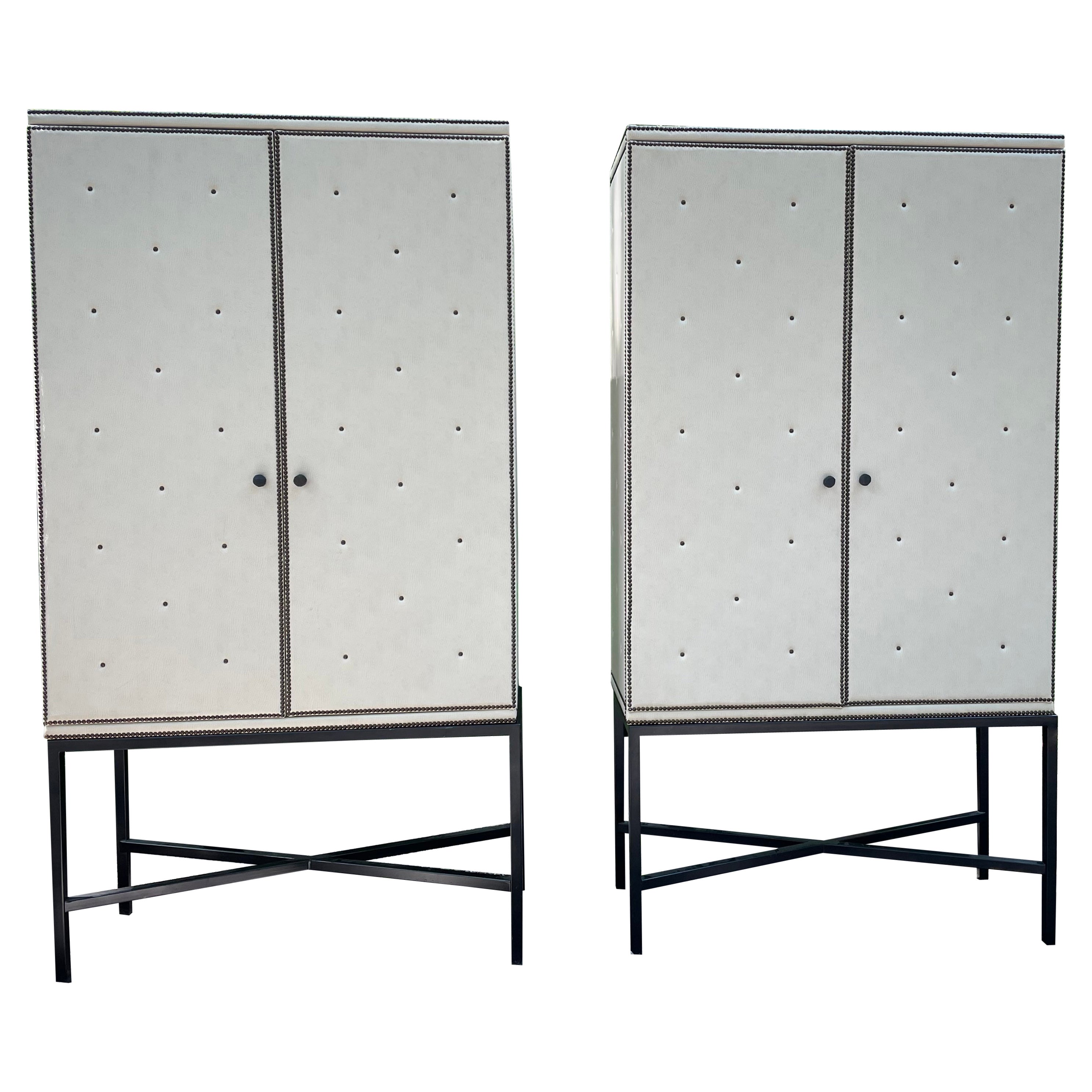 Hollywood Glam Pair of Large Custom Leather Upholstered Media Cabinets