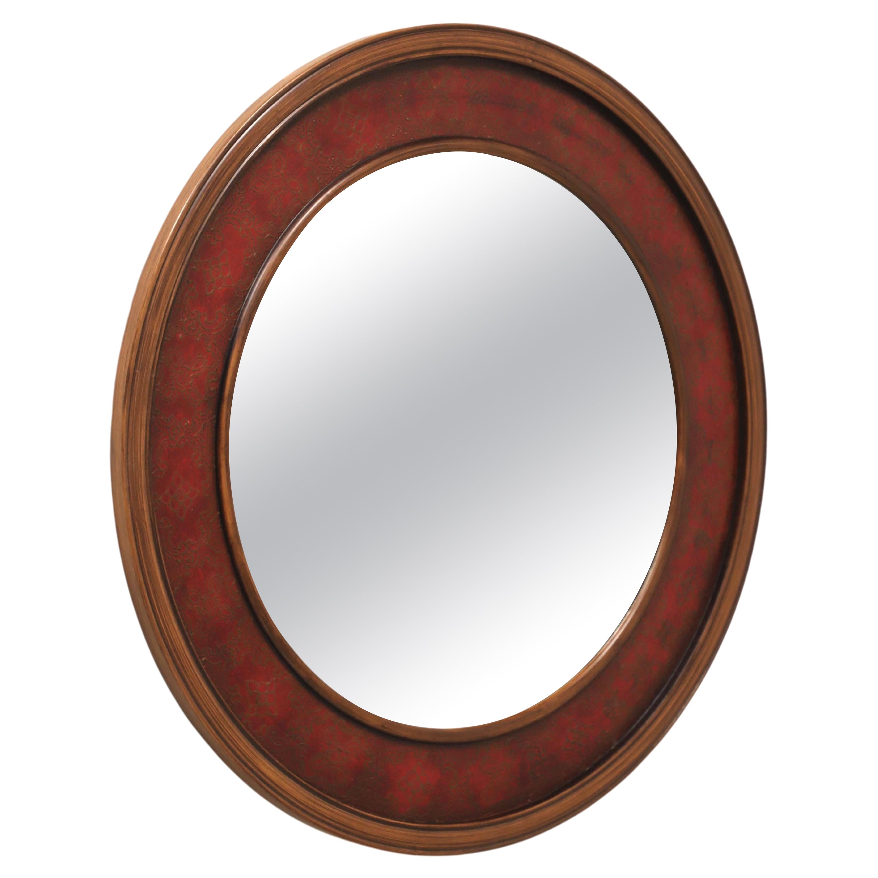 ORIENTAL ACCENT Red Painted Chinoiserie Round Beveled Wall Mirror