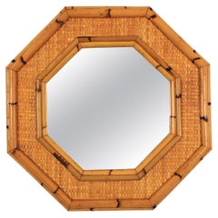 Octagonal Wall Mirror in Bamboo and Woven Rattan, 1970s