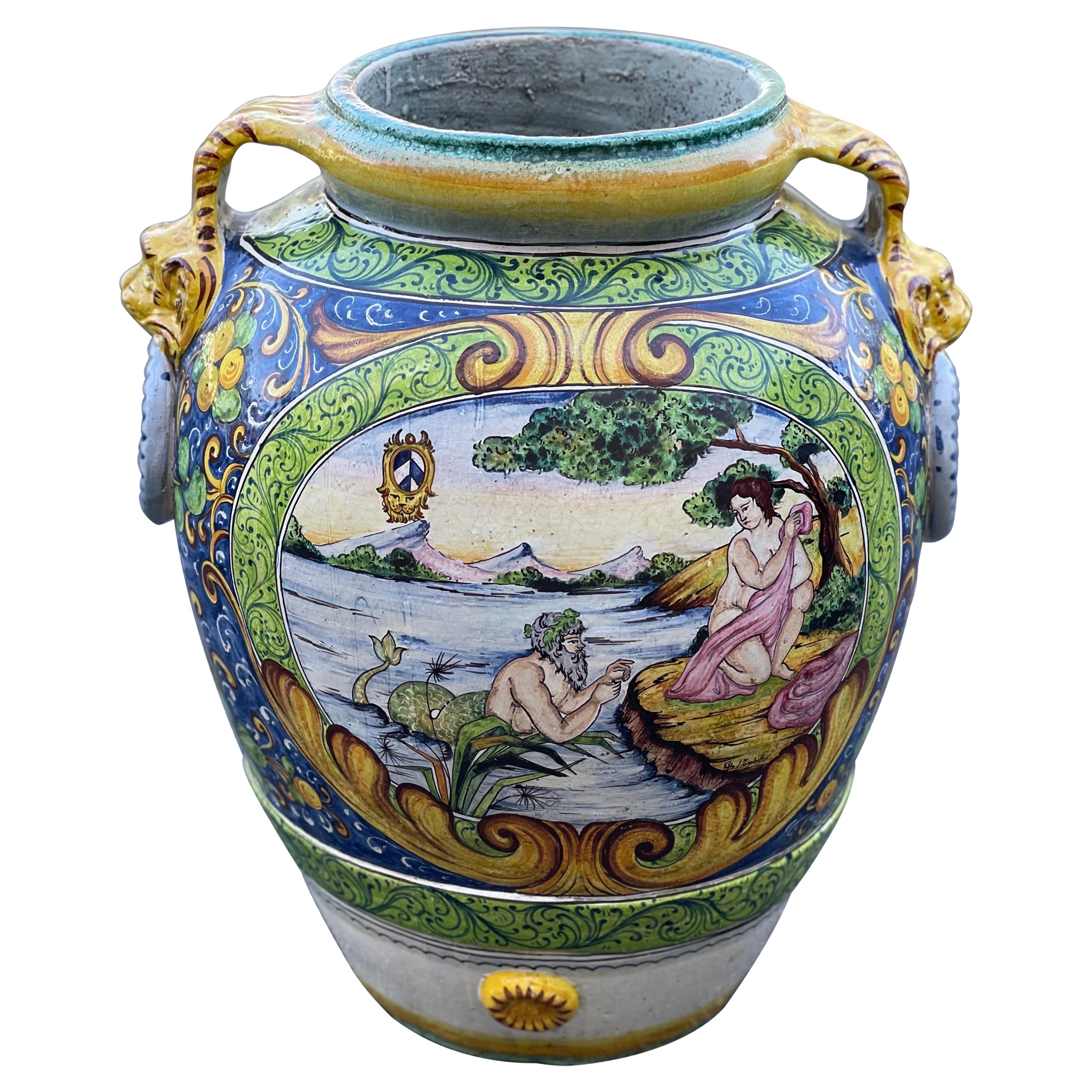 Italian Maiolica Painted Large Pot For Sale
