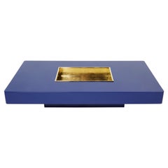 Large Willy Rizzo Blue Lacquer and Brass Bar Coffee Table, 1970s