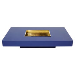 Large Willy Rizzo Blue Lacquer and Brass Bar Coffee Table, 1970s