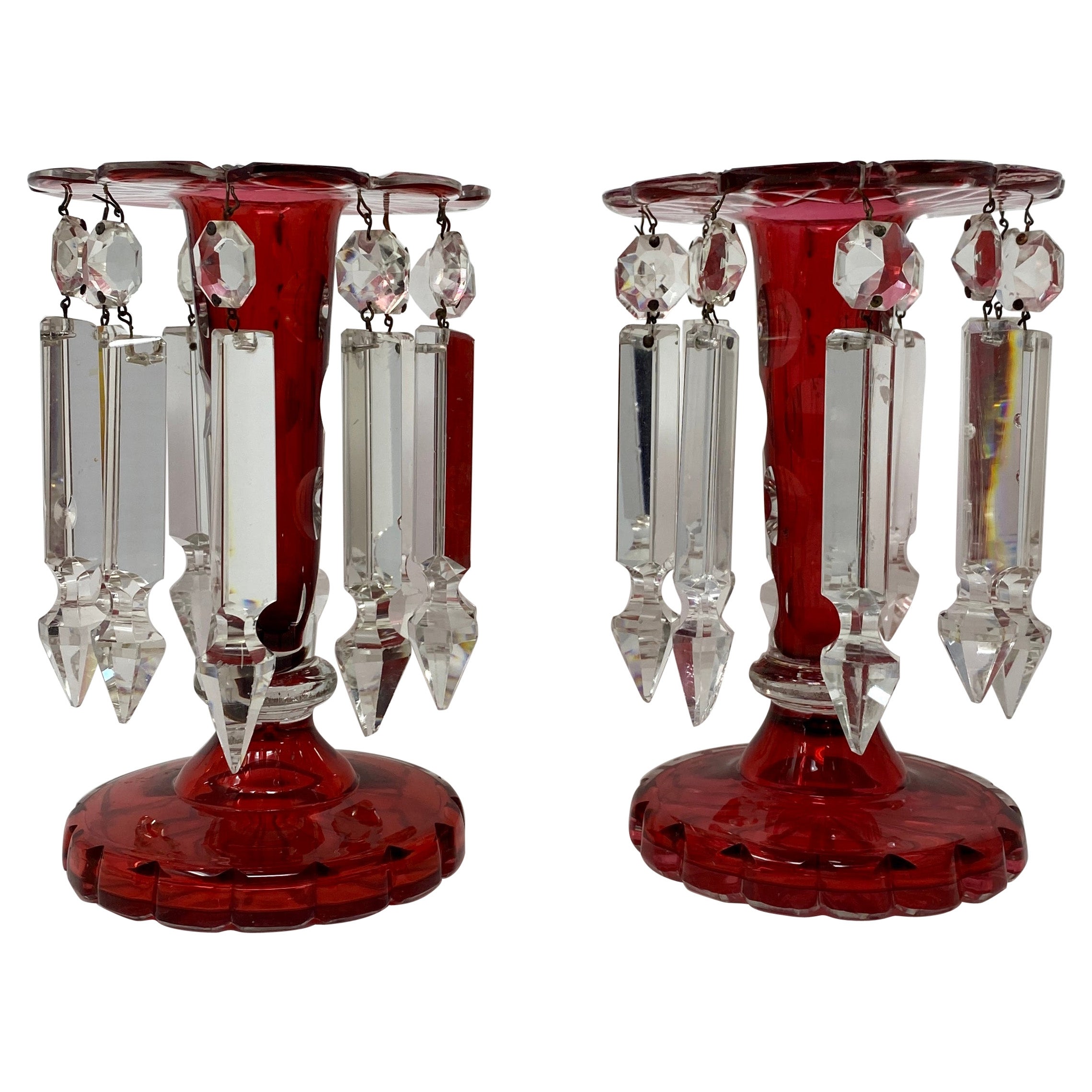 Pair Antique Bohemian Cranberry Cut to Clear Glass Candle Lusters, Circa 1870 For Sale