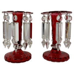 Pair Antique Bohemian Cranberry Cut to Clear Glass Candle Lusters, Circa 1870