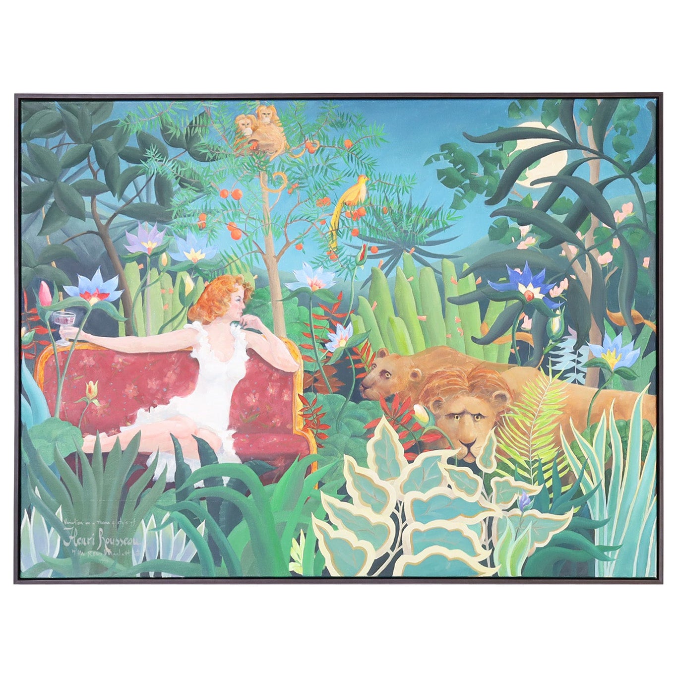 Peinture sur toile d'un Jungle avec des chats, des singes et une femme en vente