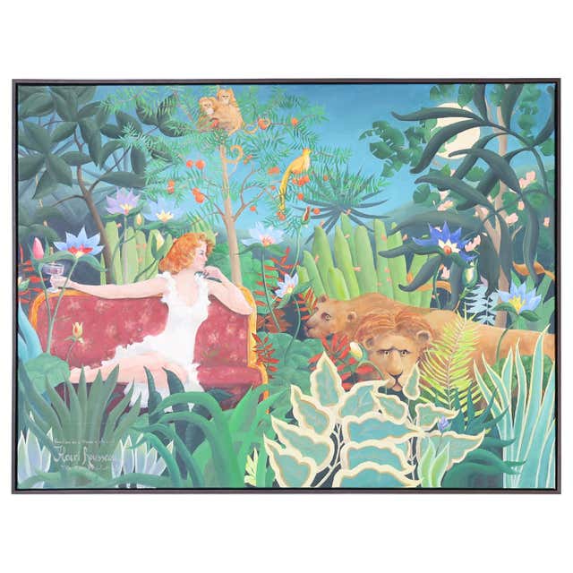 Jerome Polycarpe Vintage Haitian Painting on Canvas on a Jungle with ...
