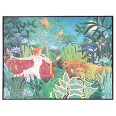 Retro Painting on Canvas of a Jungle with Cats, Monkeys, and a Woman