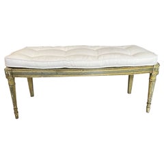 French Painted & Caned Window Bench With Upholstered Cushion