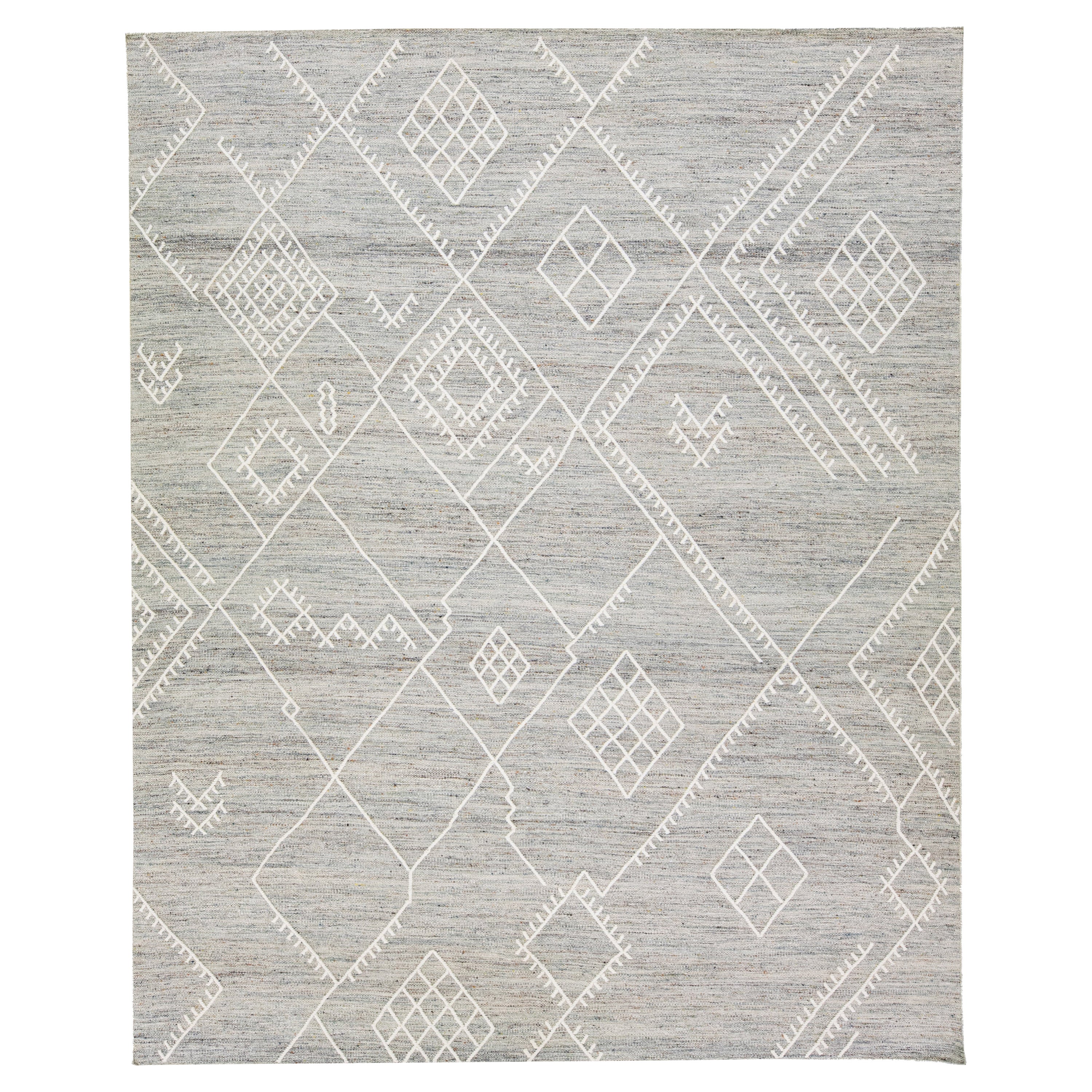 Apadana's Nantucket Collection Flatweave Kilim Coastal Designed Grey Wool Rug