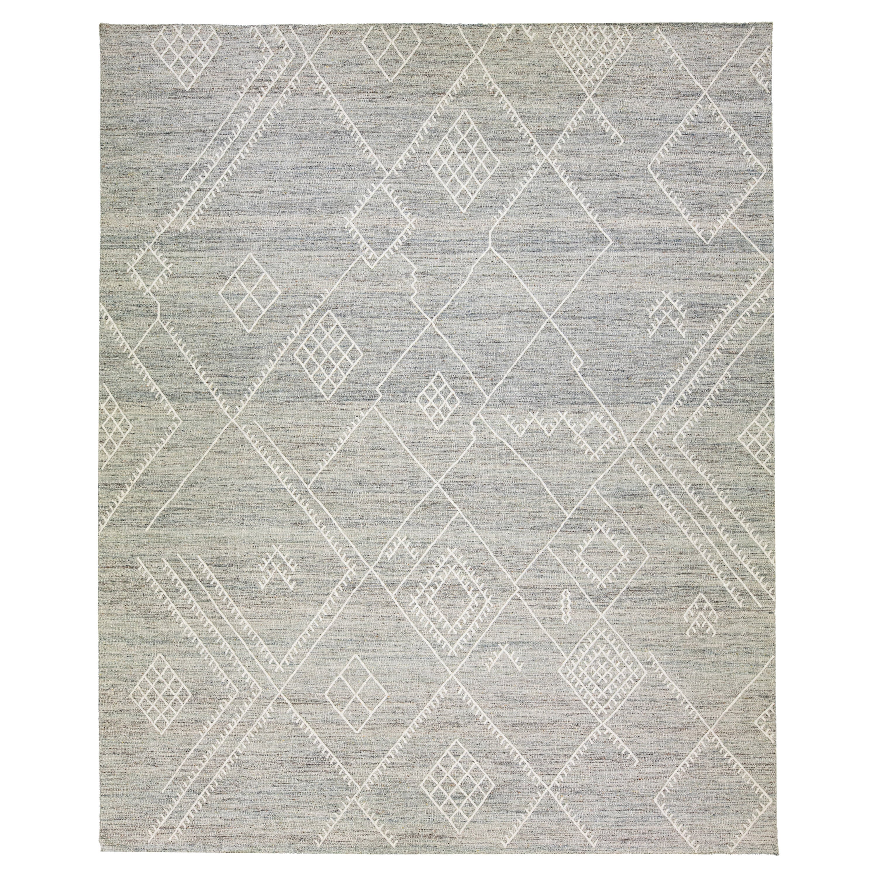 Apadana's Nantucket Collection Grey Flatweave Kilim Coastal Designed Wool Rug
