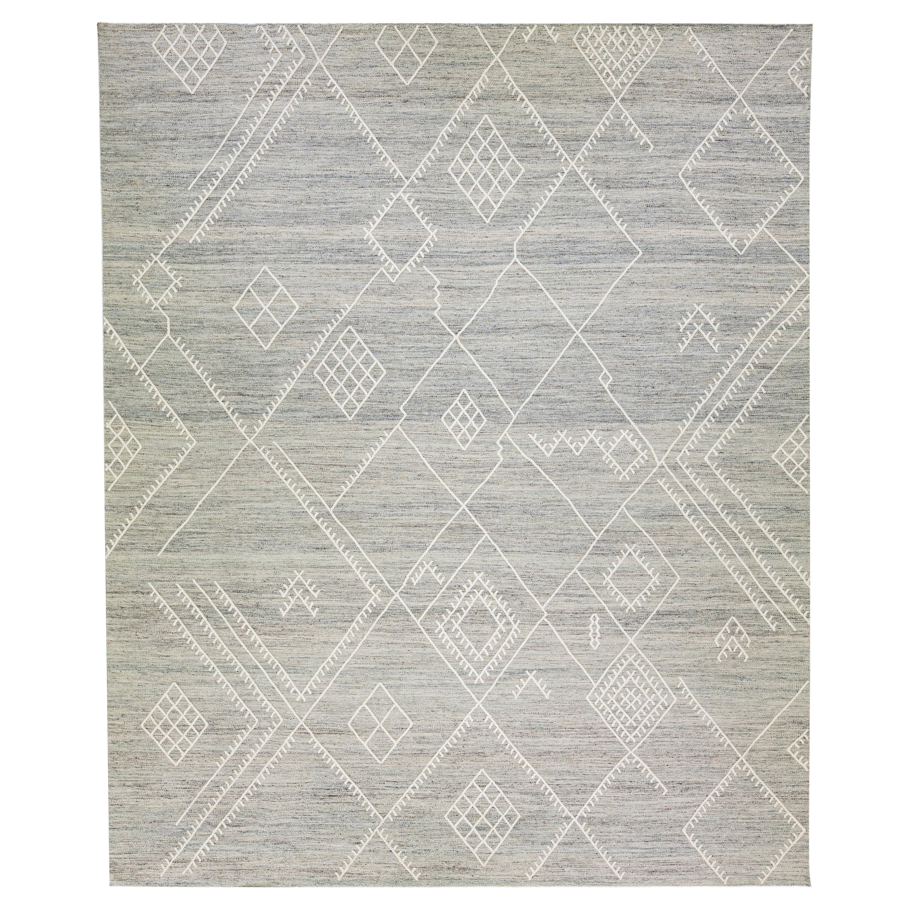 Apadana's Nantucket Collection Flatweave Kilim Gray Wool Rug with Coastal Design