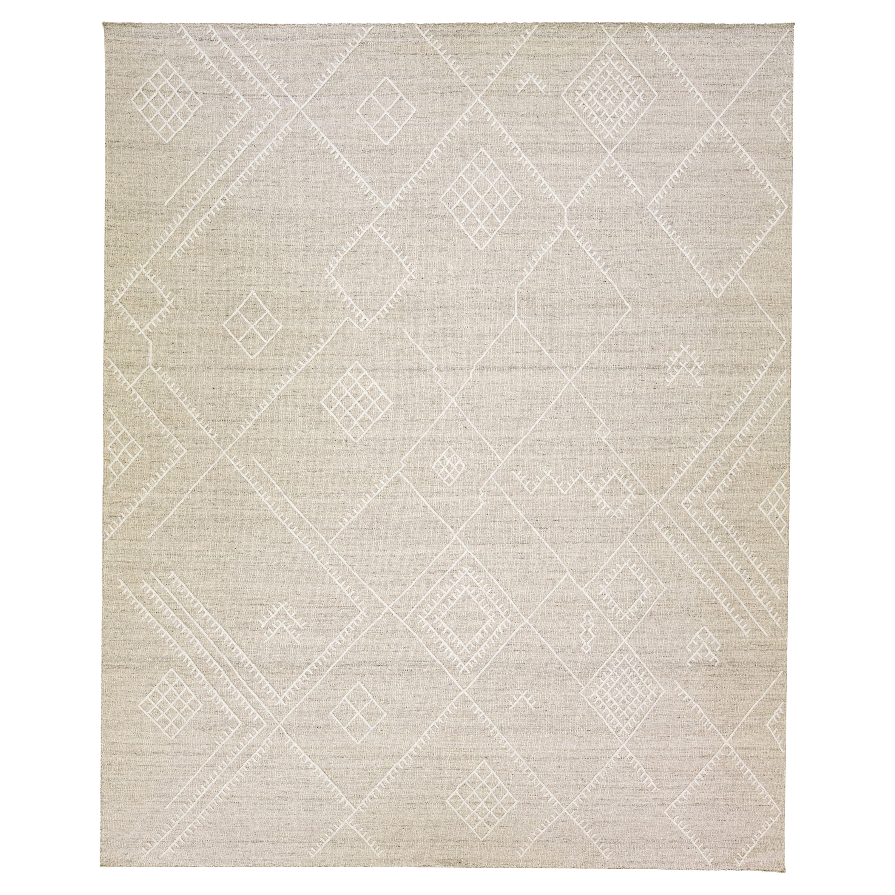 Apadana's Nantucket Collection Beige Flatweave Kilim Coastal Designed Wool Rug