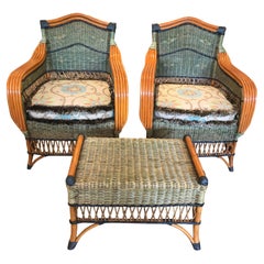 East Hamptonish Rattan & Wicker Club Chairs and Ottoman by Grange