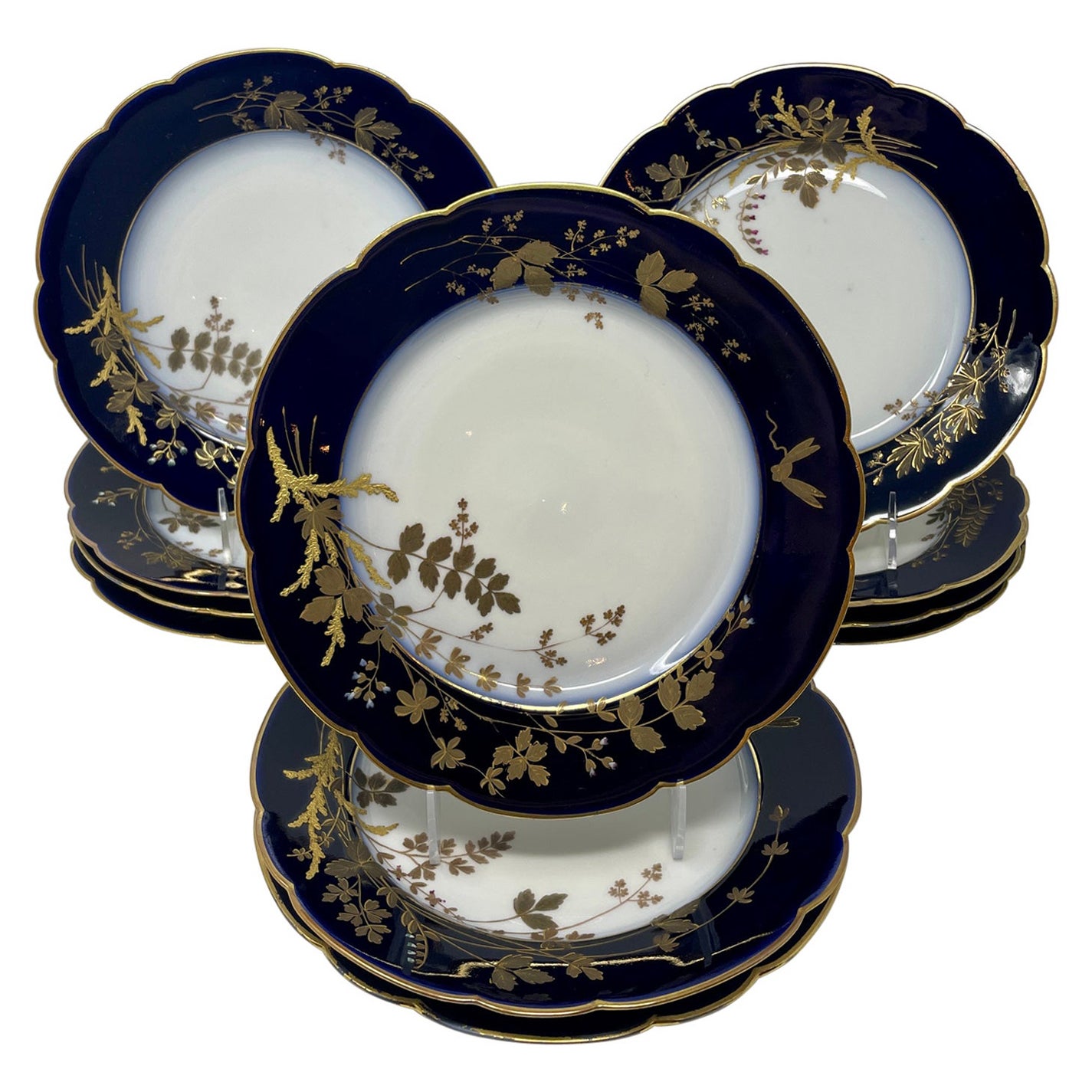 Set of 10 Antique French Limoges Porcelain Cobalt & Gold Dinner Plates, Ca. 1900