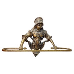 Antique Victorian Patinated Brass Towel Holder with Woman Holding Rack