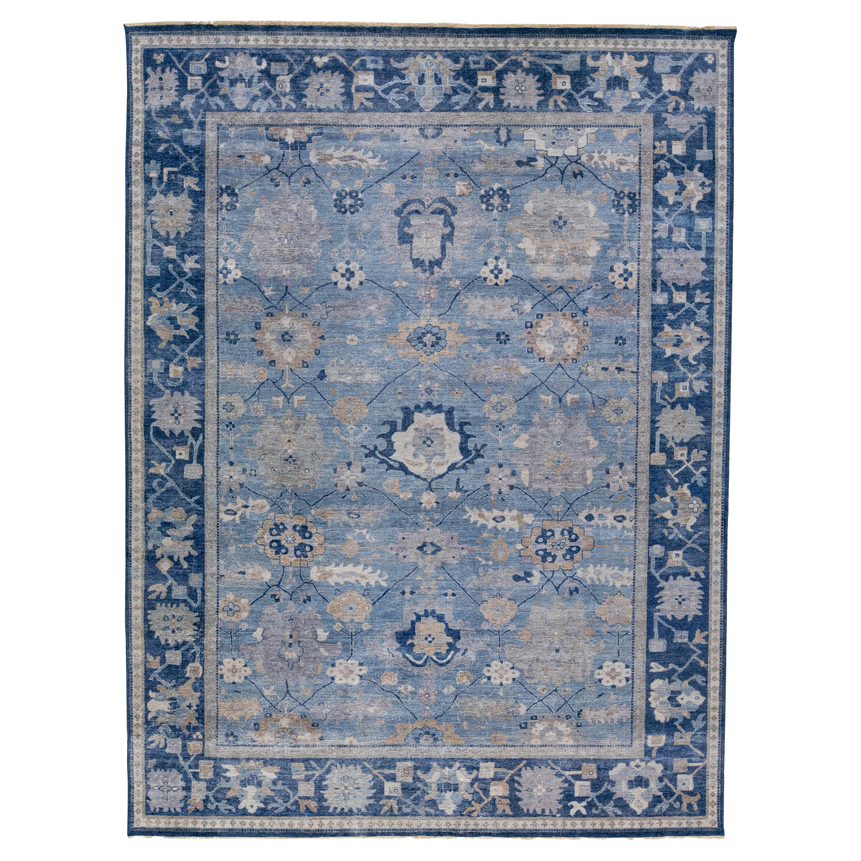 Blue Apadana's Artisan Collection Handmade Floral Designed Wool Rug