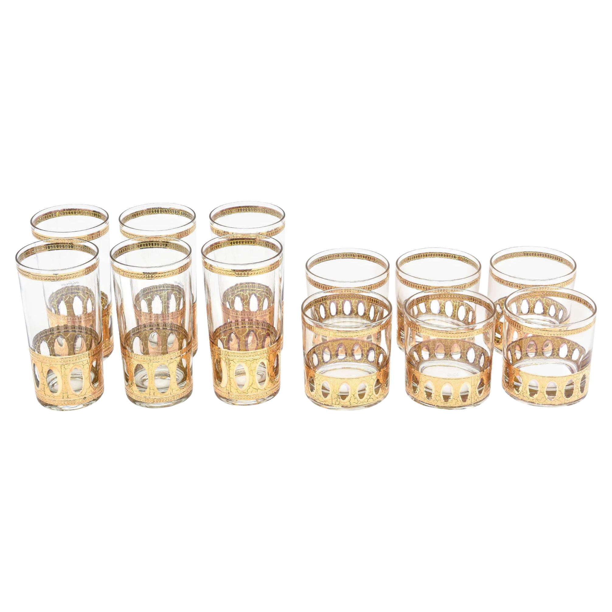 Culver Signed 22 Karat Gold Plated and Glass Drinking Set 12 Vintage Barware