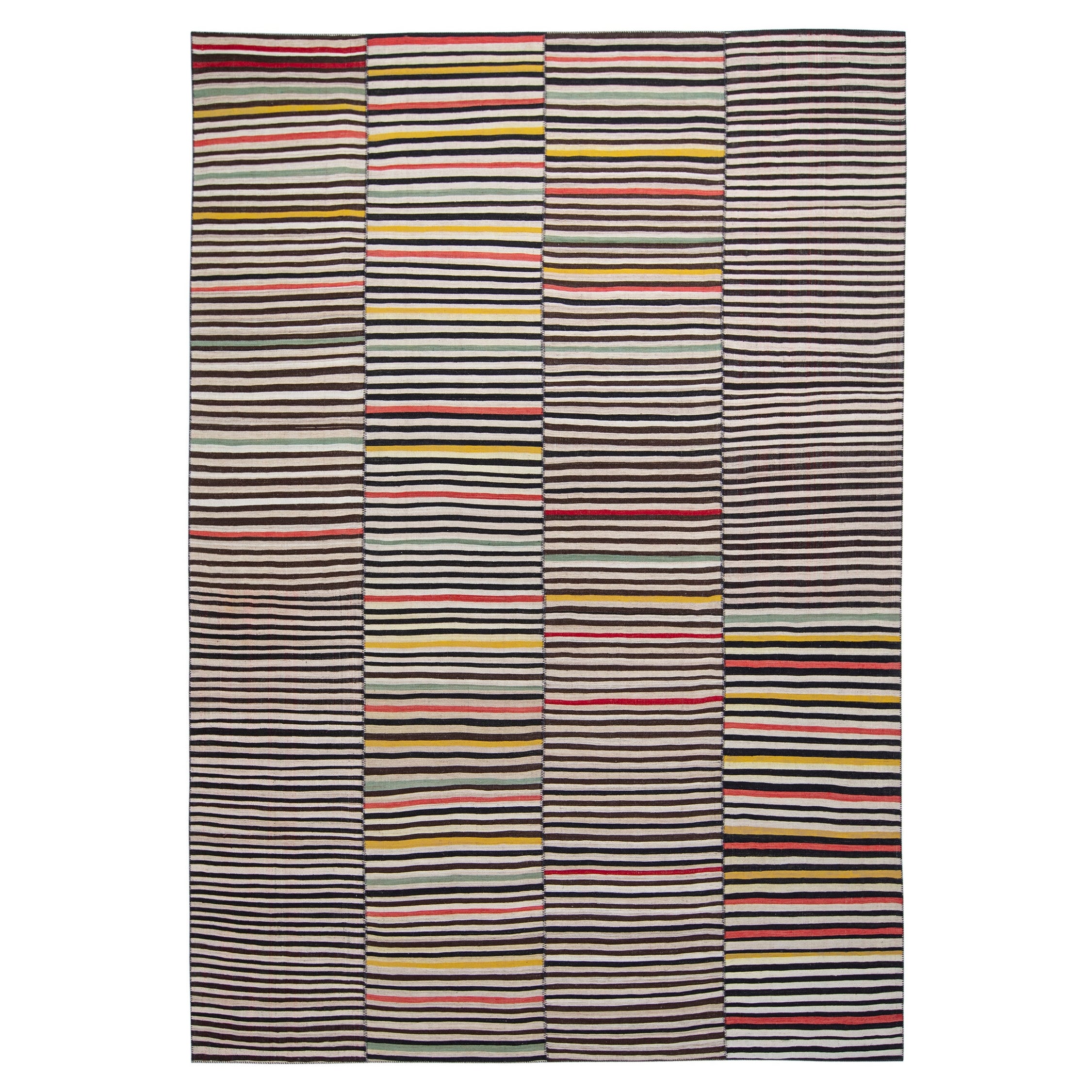 Tappeto vintage di lana a righe minimalista della metà del secolo scorso in multicolore